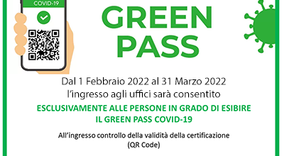 Accesso agli uffici comunali concesso esclusivamente ai soggetti in possesso di certificazione verde (green pass) dall’1 Febbraio 2022 al 31 Marzo 2022